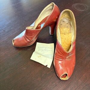 Vintage 1940"s Red Peep Toe Shoes, Leather, Worn at a wedding in 1940